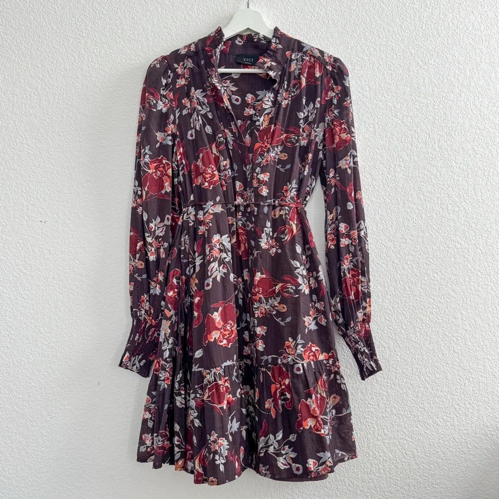Brown Floral Print Long Sleeves Dress (S) - Picture 2 of 3